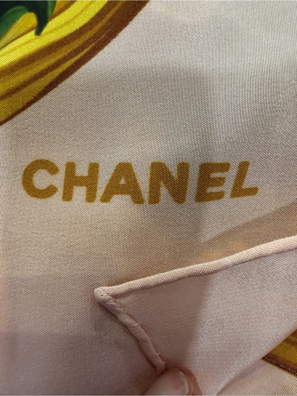 CHANEL Vintage Pink Silk Scarf with White Camellias and Gold Scroll Border